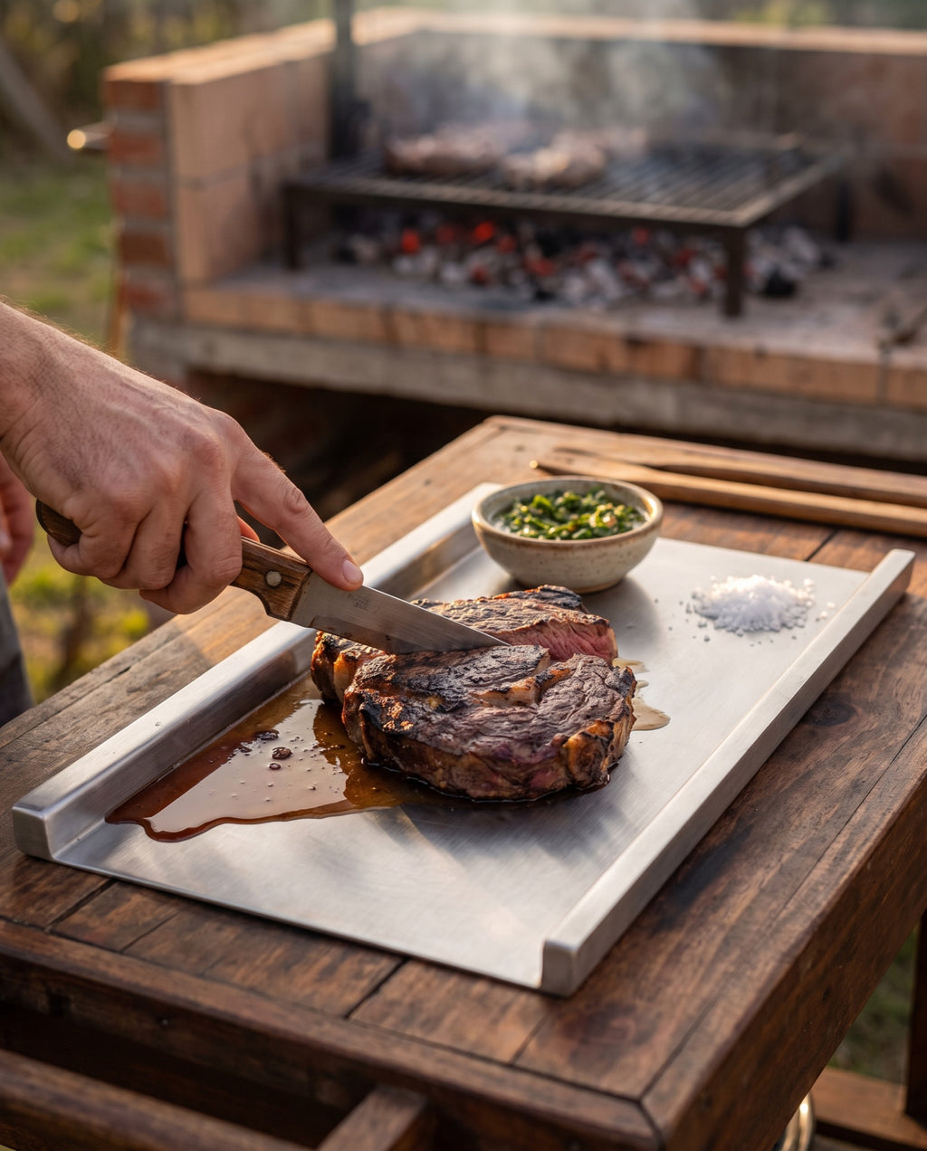 Cortando asado sobre la tabla FIERRO