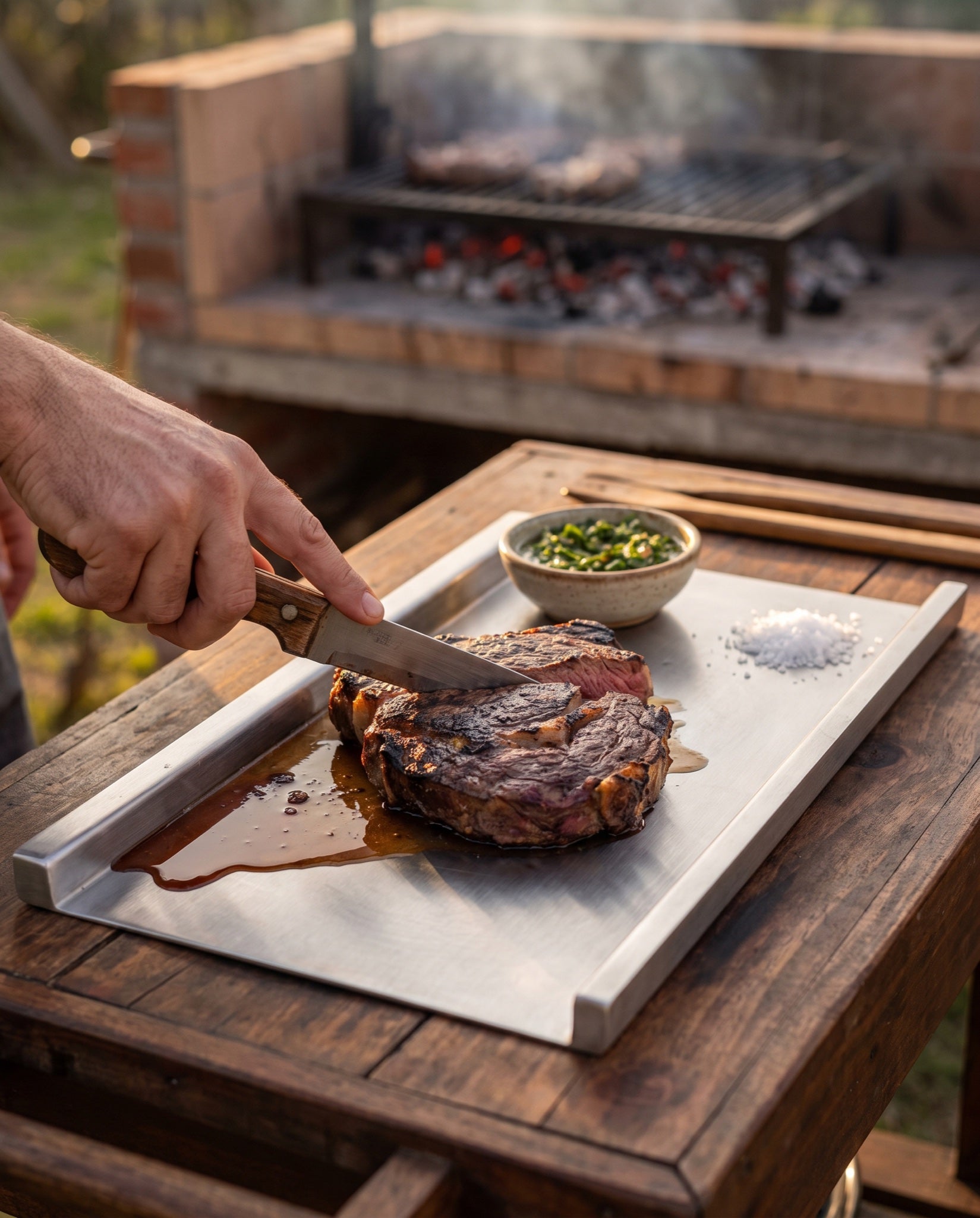 Cortando asado sobre la tabla FIERRO