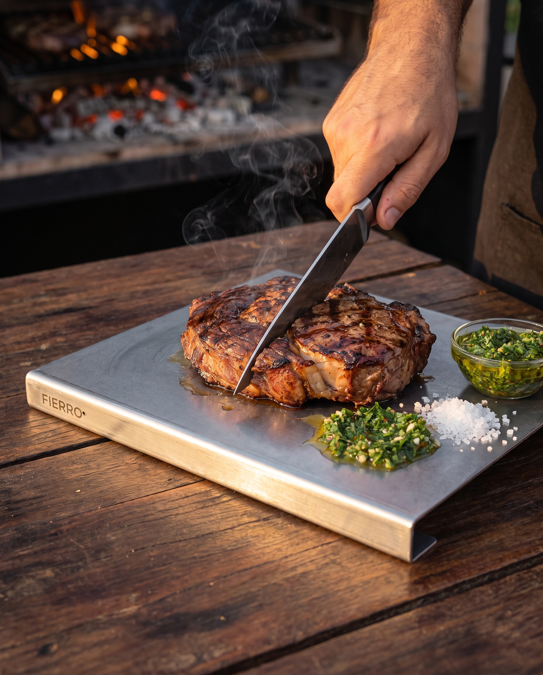 Cortando asado sobre la tabla FIERRO